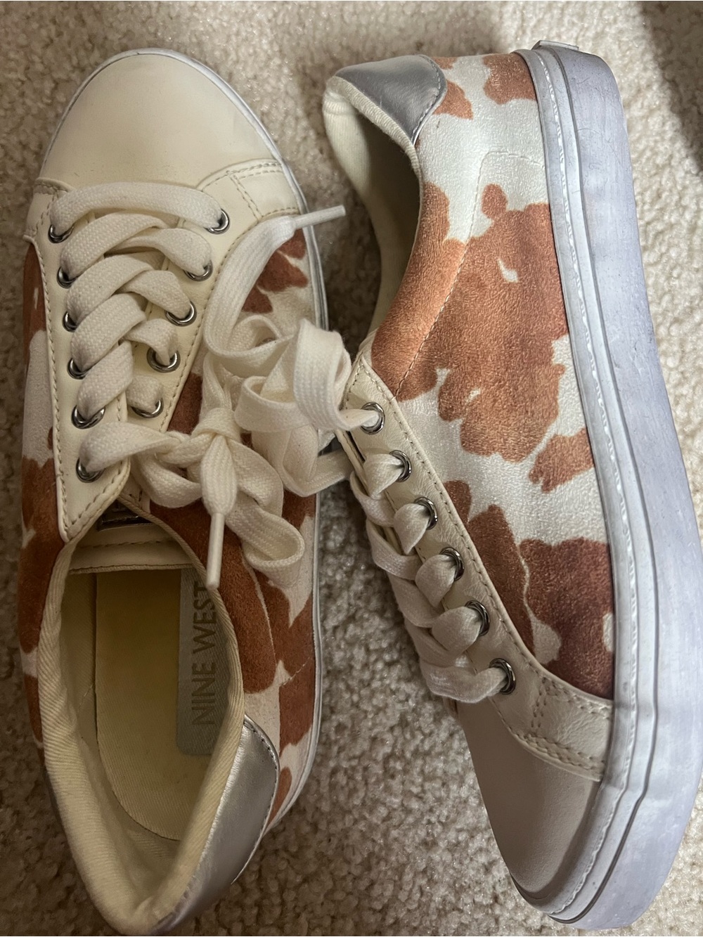 Nine West White and Tan Cowhide-Print Lace-Up Sneakers